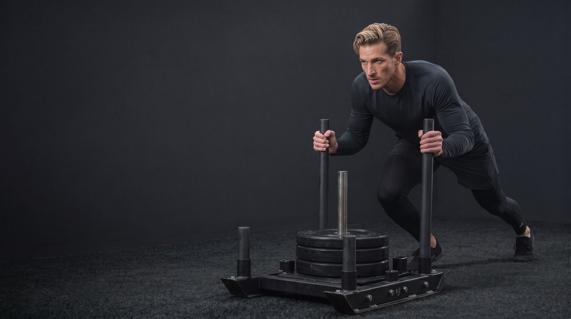 An athlete in black training gear leans into a loaded sled, driving it forward across dark turf in a dimly lit gym.